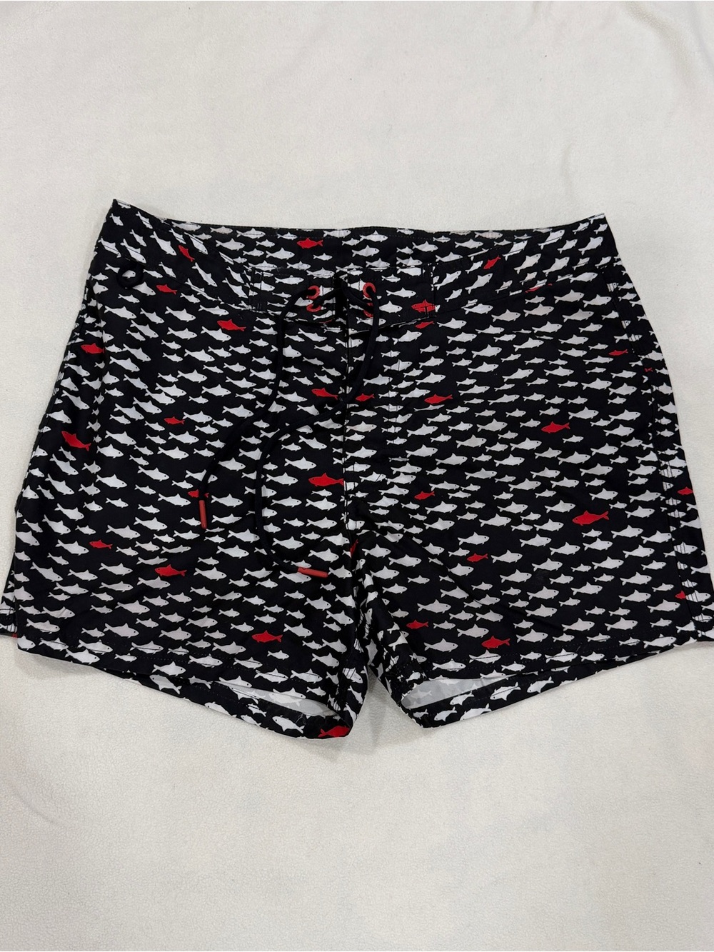 Sundek Retro Swim Board Shorts Mens Size 32 Black Fish Drawstring Swim Trunks